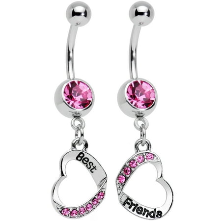 Body Candy Stainless Steel Rosy Pink Accent Best and Friends Matching Heart Dangle Belly Ring (Matching Best Friend Belly Rings)