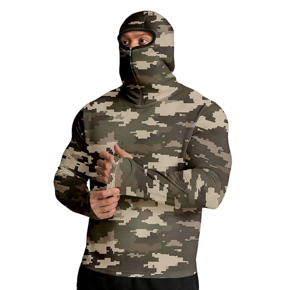 Men's Sun Protection Camo Hoodie with Mask UV Spf Upf 50 Rash Guard Shirts Outdoor Hiking Swim Fishing Long Sleeve Cooling Hoodies,Brown 3XL