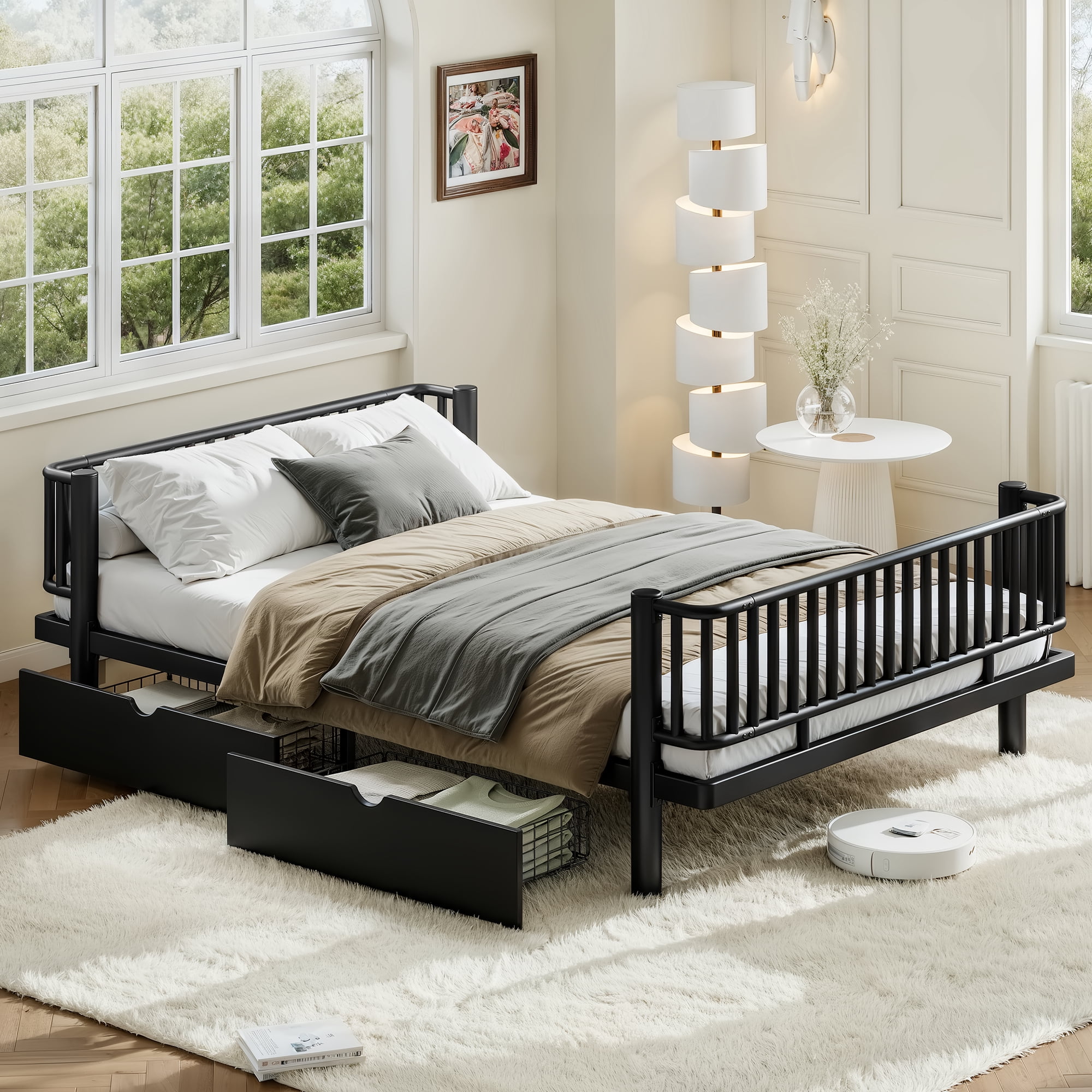 Leumius Queen Size Platform Bed Frame with Storage Drawers, Metal Daybed Frame with Upgraded Safety Round-Pipe Design, Low Profile Design for Teens Adults Black