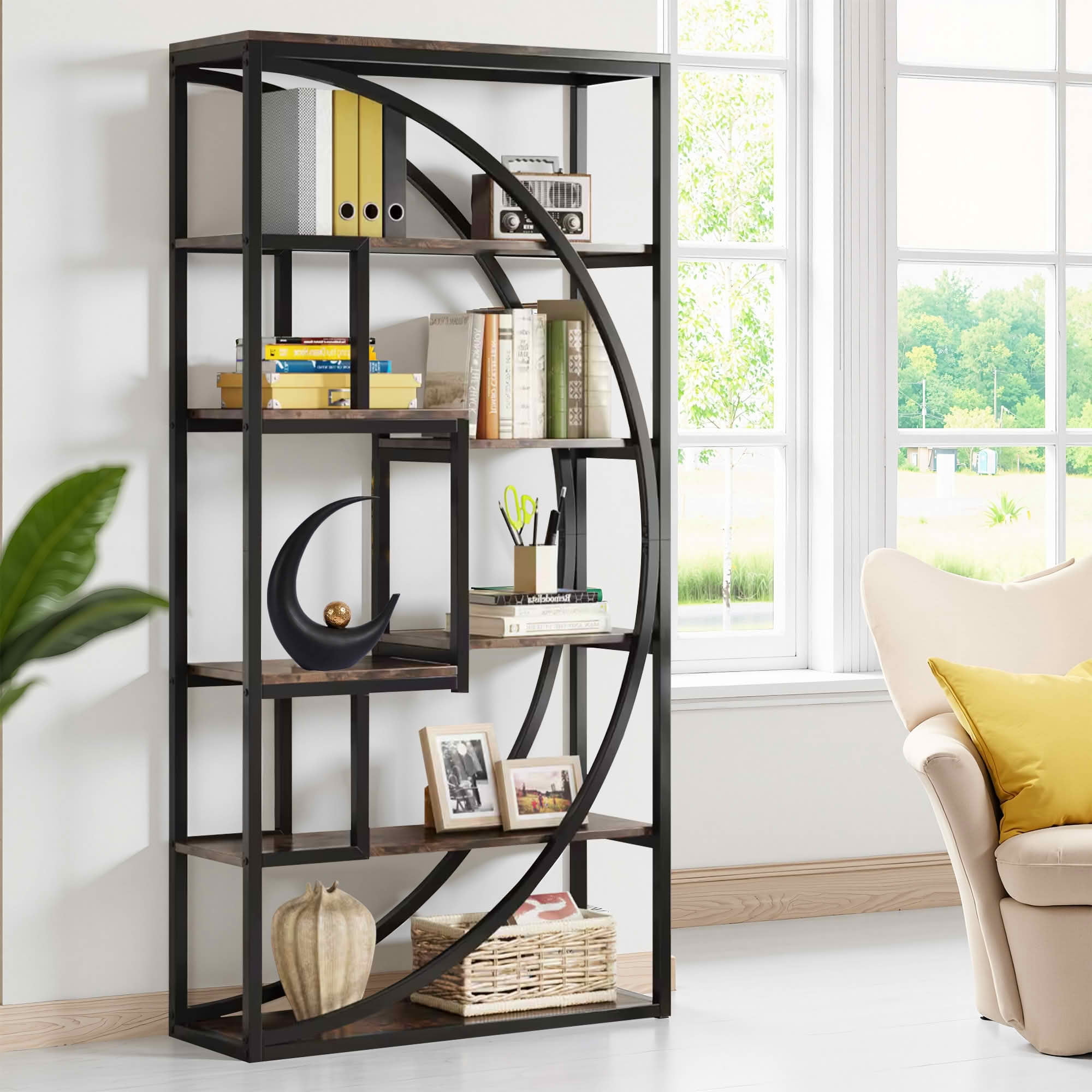 MAYEERTY 70.8 Inch Tall Modern Geometric Bookcase, 5-Tier Etagere with 8 Open Storage Shelves, Gray Wood & Black Metal Frame Display Rack for Living Room Bedroom Home Office