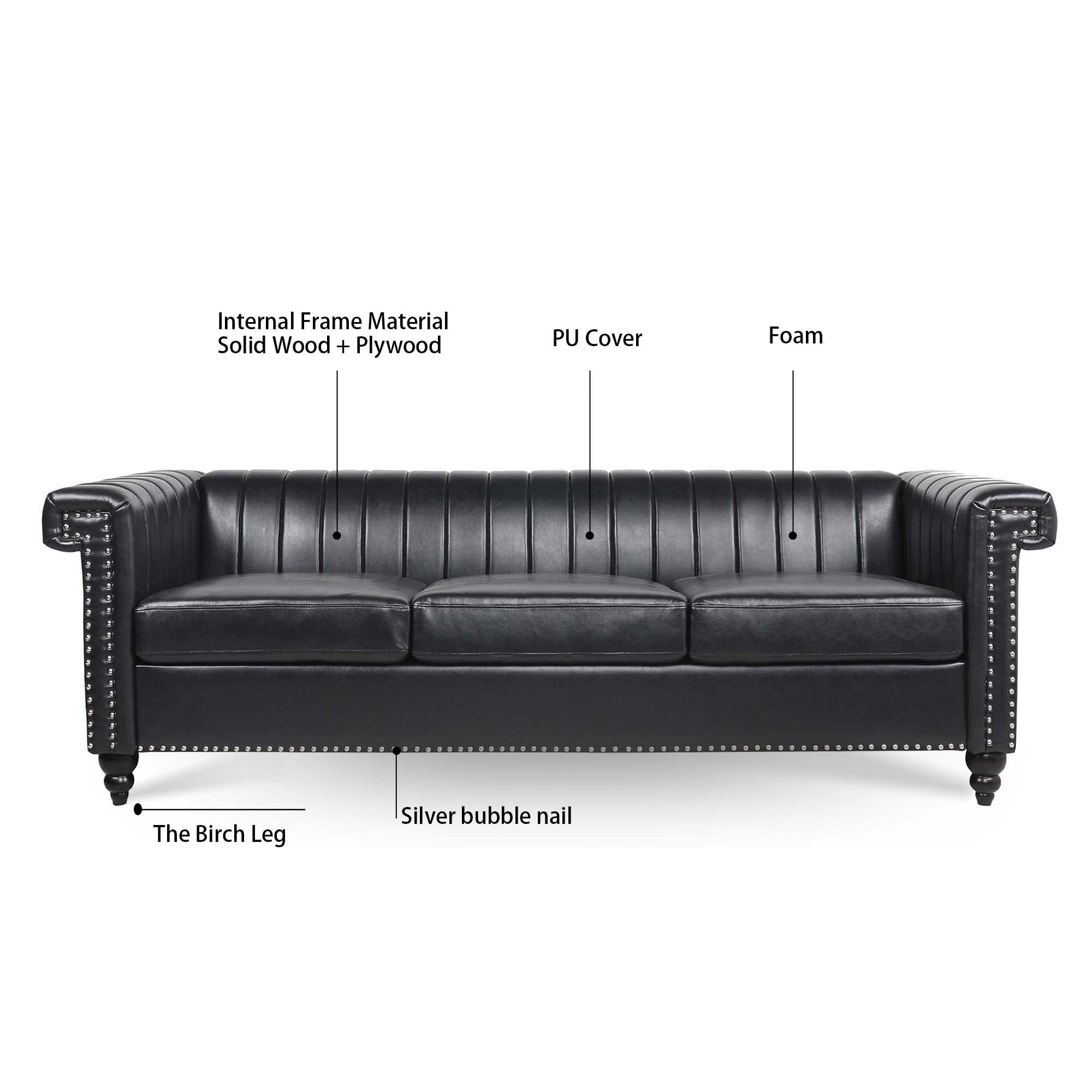 Kadyn 83.66" Removable Cushion 3 Seater Sofa, Modern Pu Sofa for Living Room, Upholstered Pu Sofa Couch with Traditional Square Arm, Black