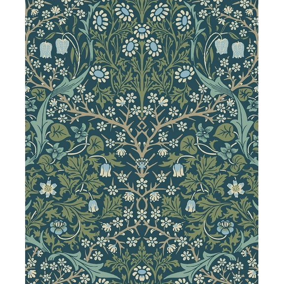 Seabrook Designs Prussian Blue & Moss Green Victorian Garden Floral Prepasted Wallpaper - 20.9 in. W x 33 ft. Roll