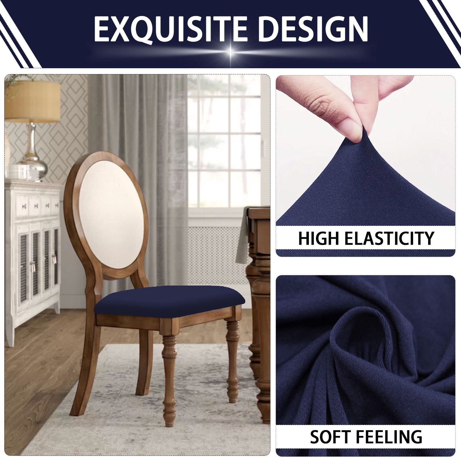 4 Pack Navy Stretch Chair Seat Covers for Dining Room, Anti-Dust Kitchen Chair Protector Slipcovers, Dinning Upholstered Office Chair Seat Cushion Slipcovers Protectors