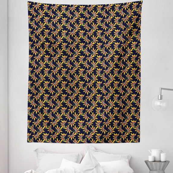 Crazy Colors Tapestry, Tropical Flowers Heart of the Jungle Natural Blossoms Pattern, Fabric Wall Hanging Decor for Bedroom Living Room Dorm, 5 Sizes, Indigo Yellow and Pink, by Ambesonne