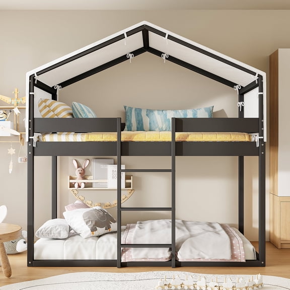 Kumix Twin over Twin Bunk Bed, Wooden House Bunk Bed with Tent, Full-Length Guardrail and Ladder for Teens Adults, Low Bunk Bed Frame for Bedroom, 2 in 1 Bunk Bed, Noise-Free, Espresso