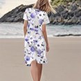 thumbnail image 4 of Qiopertar Women's V-Neck Short Sleeve Floral Print Dress Casual Elegant Midi Dress Summer Vacation Boho Flowy Fitted Bodice Flared Skirt, Purple M, 4 of 6