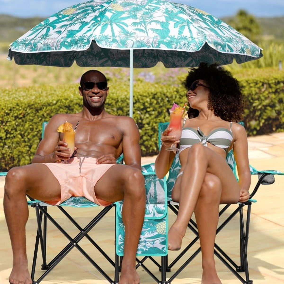 Alvantor Folding 2-Seat Outdoor Chair with Removable Pineapple Umbrella for Beach and Camping