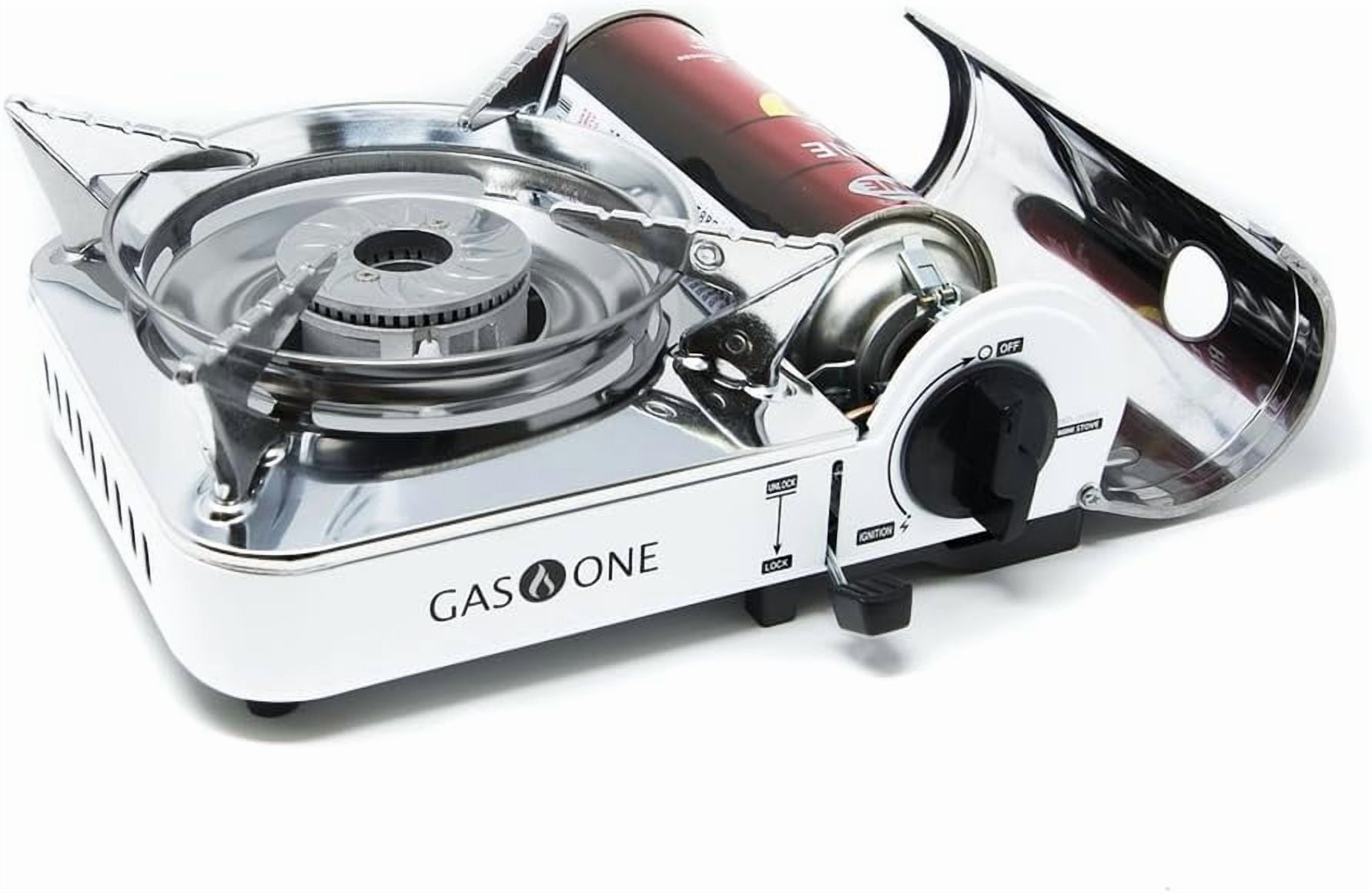 Gas One GS-800A Emergency Gear Camping Mini Butane Portable Gas Stove with Carrying Case, stainless steel, white