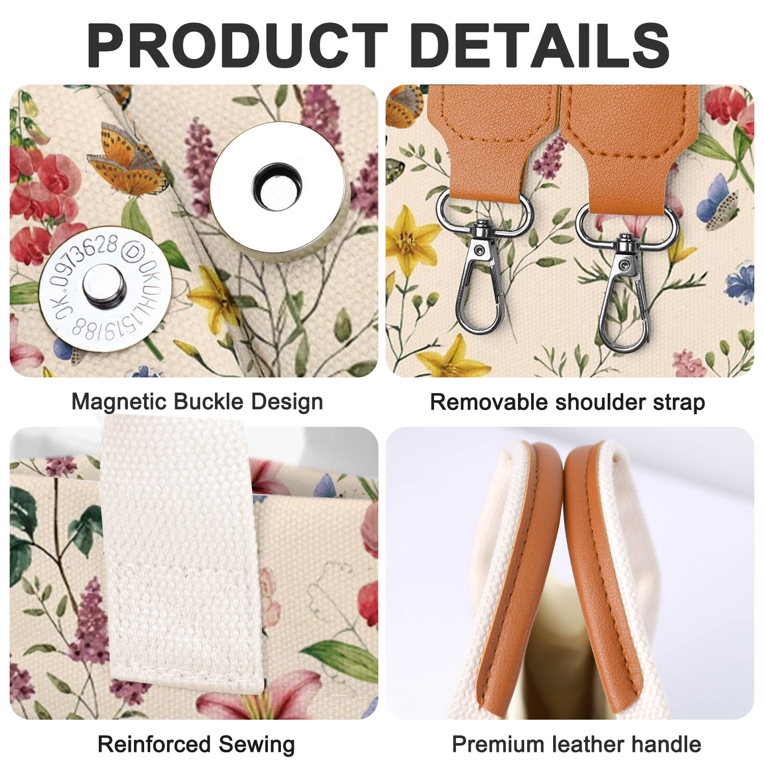 Gocvo Canvas Tote Bag, Large Multi-Pocket, Retro Flower photo 3