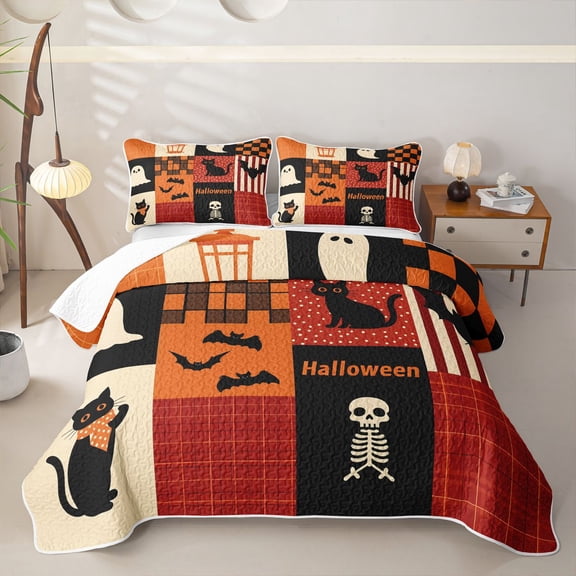 Manfei Retro Patchwork Halloween Print Twin Quilt Set for All, Black Orange Ghost Cat Bat Twin Coverlet Set