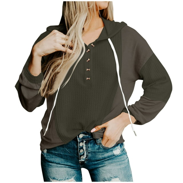 Womens Waffle Color Block Hoodies Button up V Neck Drawstring Hooded Sweatshirts Casual Loose Pullover Shirts Blouse