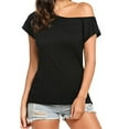thumbnail image 2 of Bjutir Ladies Tops Casual Off Shoulder Solid Color Irregular Top Women Summer Short Sleeve T Shirt Black L, 2 of 5