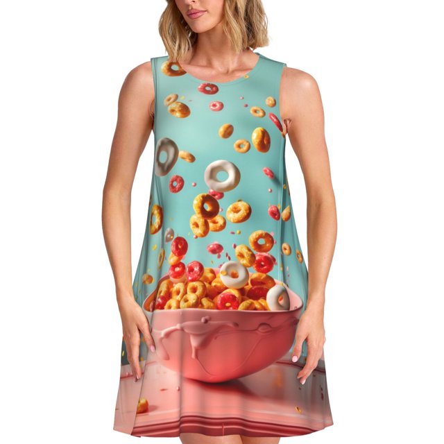 Fotbe Floating Colorful Cereal Vestido de Verano sin Mangas para Mujer – Vestido Midi Línea A, Estilo Camiseta Floral, Vestido Playero Casual y Fluido