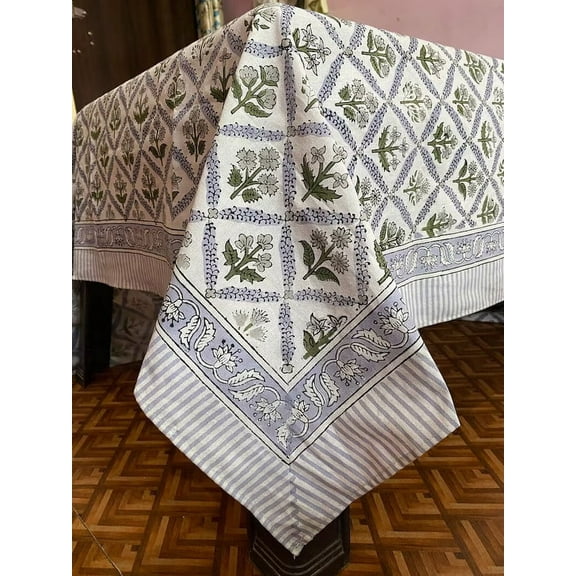 Printofab Light Blue, Olive Green Hand Block Printed Cotton Tablecloth, Dining Table Cover Farmhouse Party Wedding Home Housewarming Gift For Mom