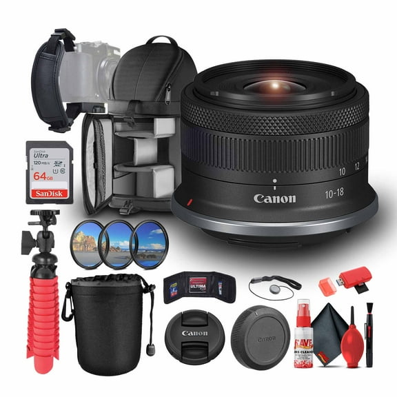 Canon RF-S 10-18mm F4.5-6.3 IS STM Lens Canon RF 6262C002 64GB Ultra Memory Card Lens Pouch Filter Kit Backpack Flexible Tripod Cap Keeper Cleaning Kit Memory Card Wallet International Model