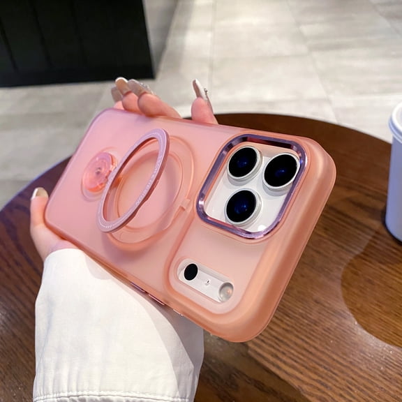 Magnetic Ring Stand Case for iPhone 15 Pro, 360° Rotatable Holder, Matte Translucent PC Back, Slim Shockproof Protective Cover, Anti-Scratch Lightweight Phone Case for Women Men, Pink