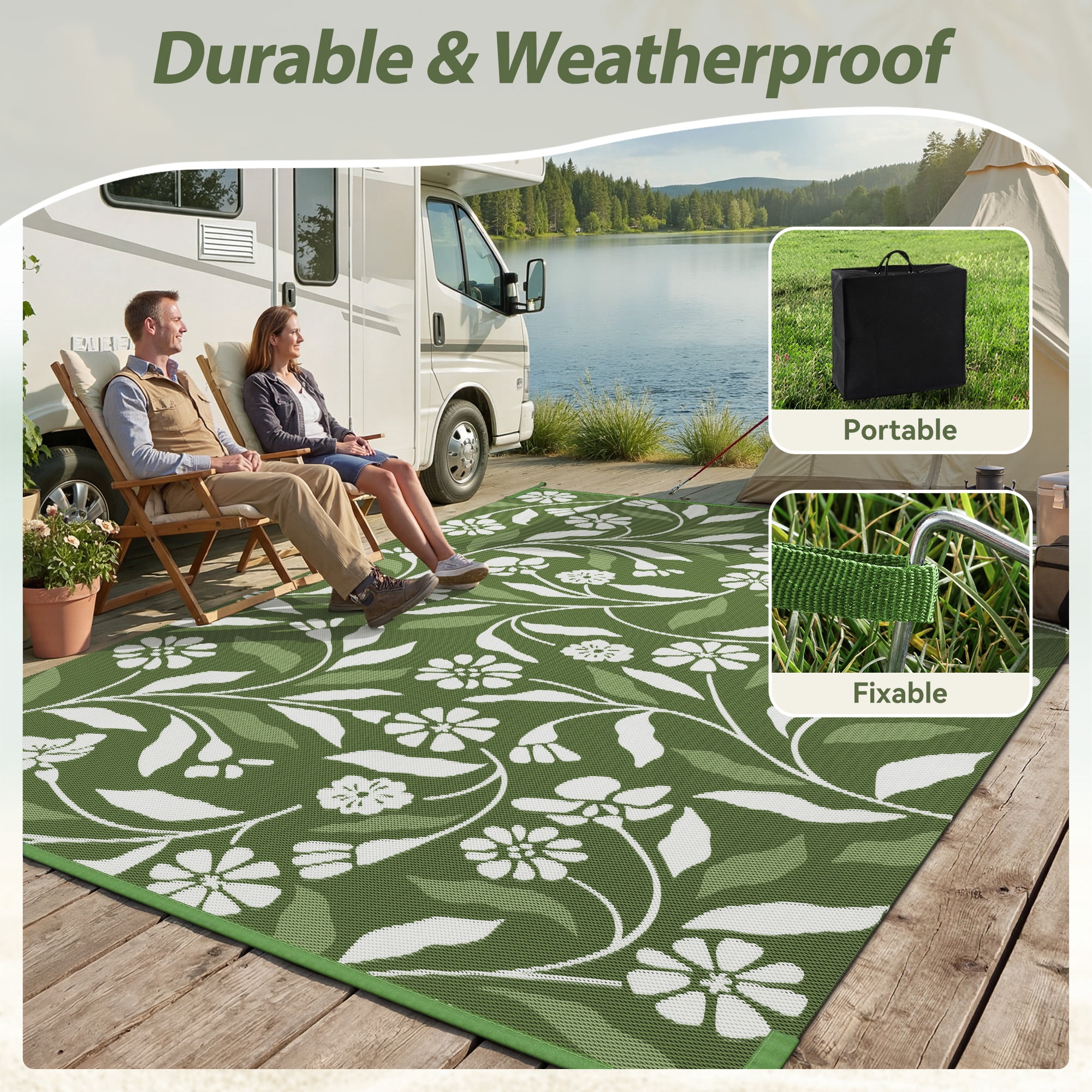 SIXHOME Outdoor Rug 5'x8' Waterproof Reversible Patio Rug Boho Geometric Indoor Outdoor Rugs Lightweight Plastic Straw Ourdoor Carpet for RV Camping Deck Balcony Modern Porch Decor Green