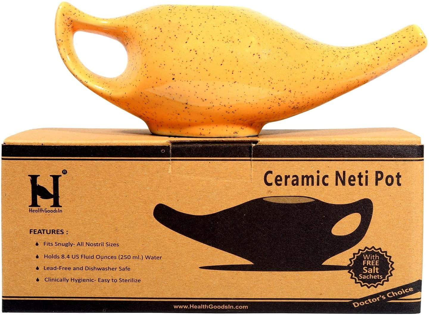 Ceramic Neti Pot Orange Color, Comfortable Spout for Natural Nasal Irrigation with 10 Sachets Salt