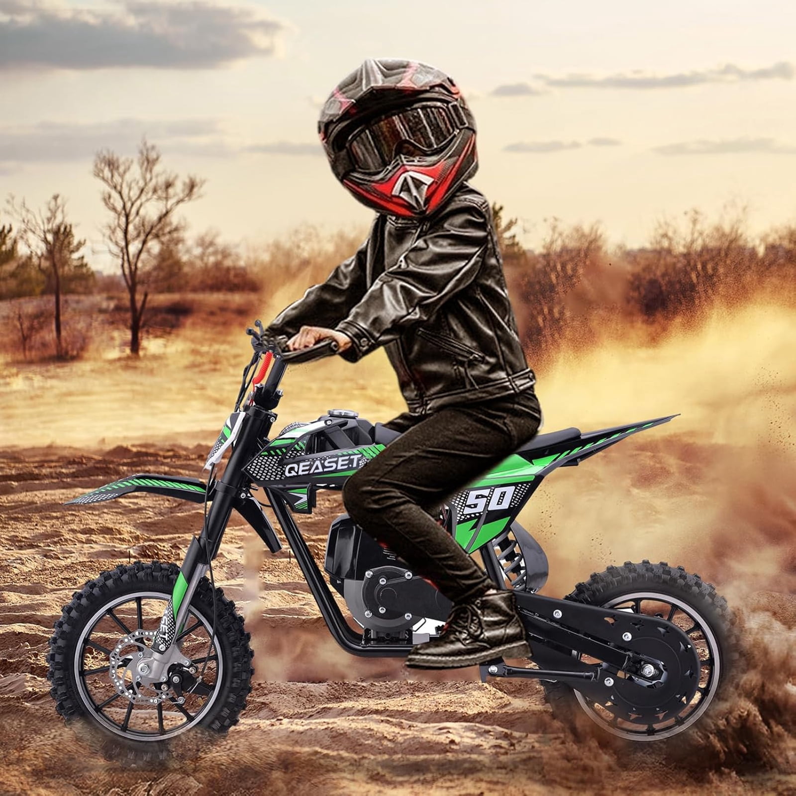 QEASET Gas Mini Dirt Bike, 39.4 CC 4-Stroke Dirt Bike, Rear Shock Absorber, Metal Frame, Disc Brakes, Max Load 165Lbs, Up to 20Mph, No Oil Mix Require, Green