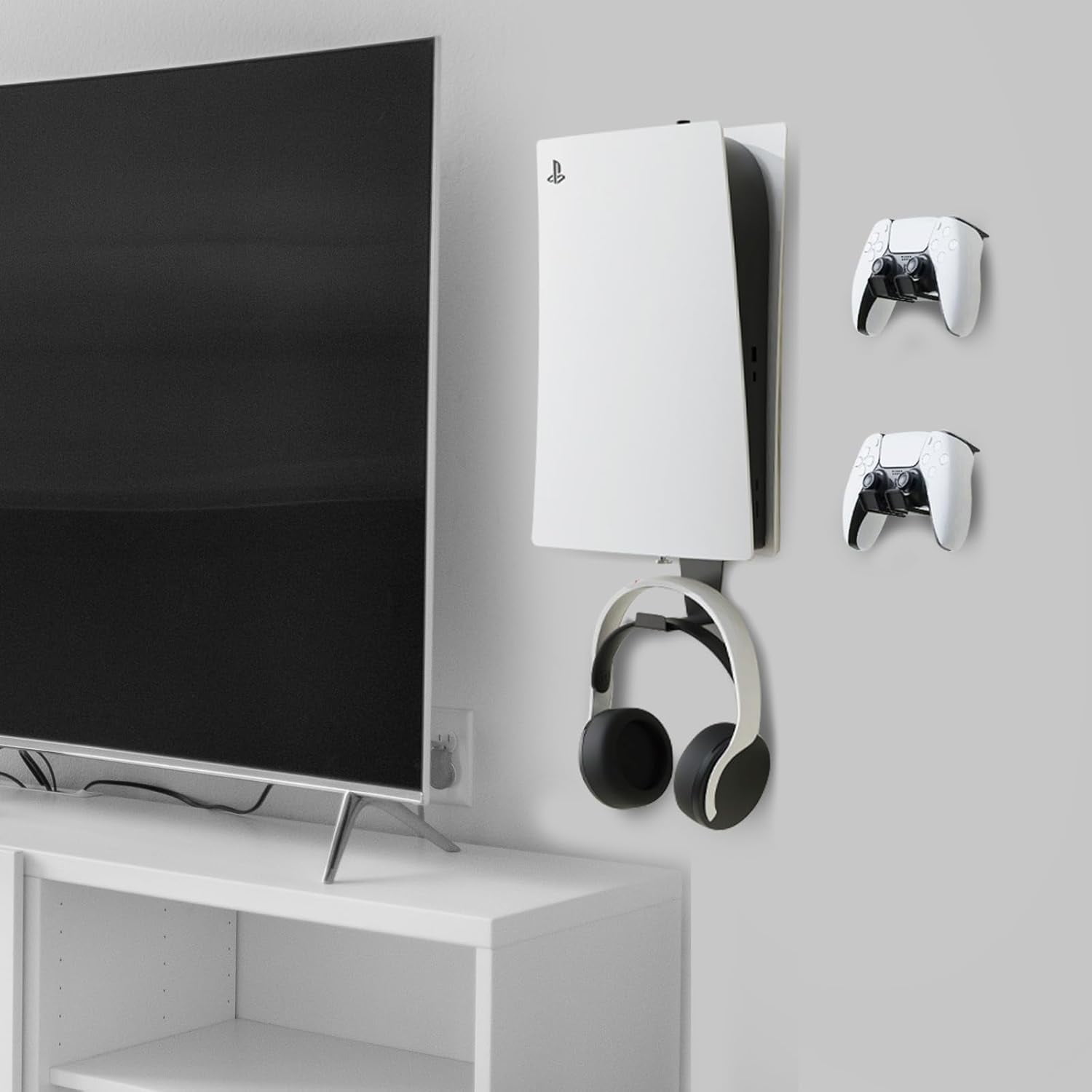 PS5 Wall Mount, Heavy-Duty Steel Mount Kit for Protection & Cooling with 2 Controller Holder and Headset Holder,Compatible with All PS5 Models Including Slim, Pro, Original, Black