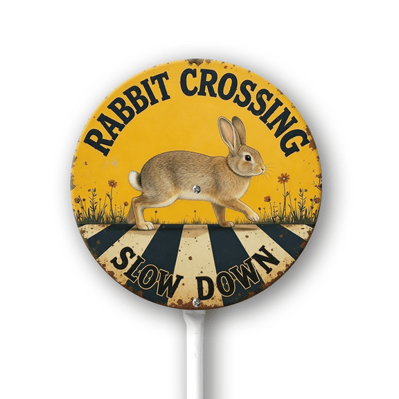 Eveokoki Rabbit Crossing Sign With Stake For Neighborhoods Yard Aluminium Caution Signs 9.2x9.2inch Round Farm Decorations Yard Lawn Walkway Decorations Animal Signs