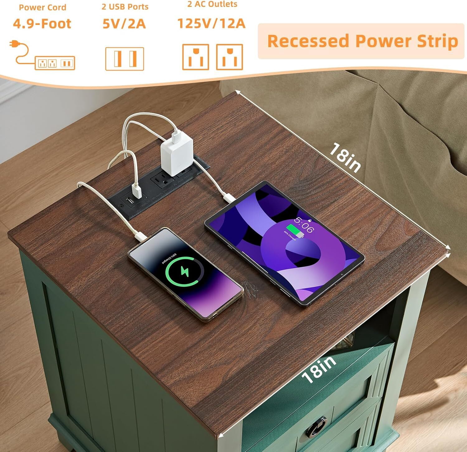 2 Pcs Joaxswe Farmhouse 18" Nightstand with Charging Station, Rustic Metal Wood End Tables with 2 Drawers, Adult Side Tables for Living Room, Green