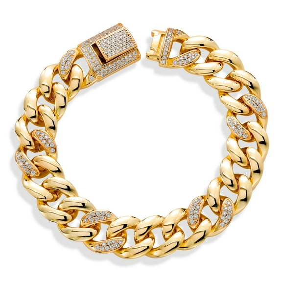 Gem Stone King 18K Yellow Gold Plated Curb Link Chain Moissanite Bracelet for Women (1.64 Cttw, 13MM Width, 6.5 inch, 7 inch and 7.5 inch)