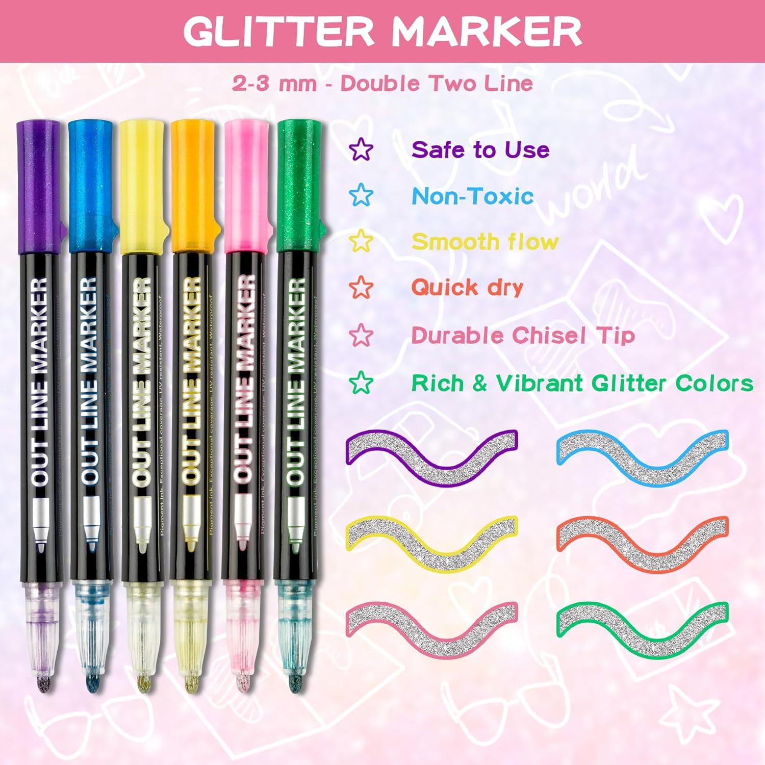 Dreamy Sparkle Dual-Line Contour Pen, 12 Colors Self-Outlining Shimmer Markers  for Scrapbook Crafts, Doodling, DIY Art on Metal, Ceramic & Easter Eggs