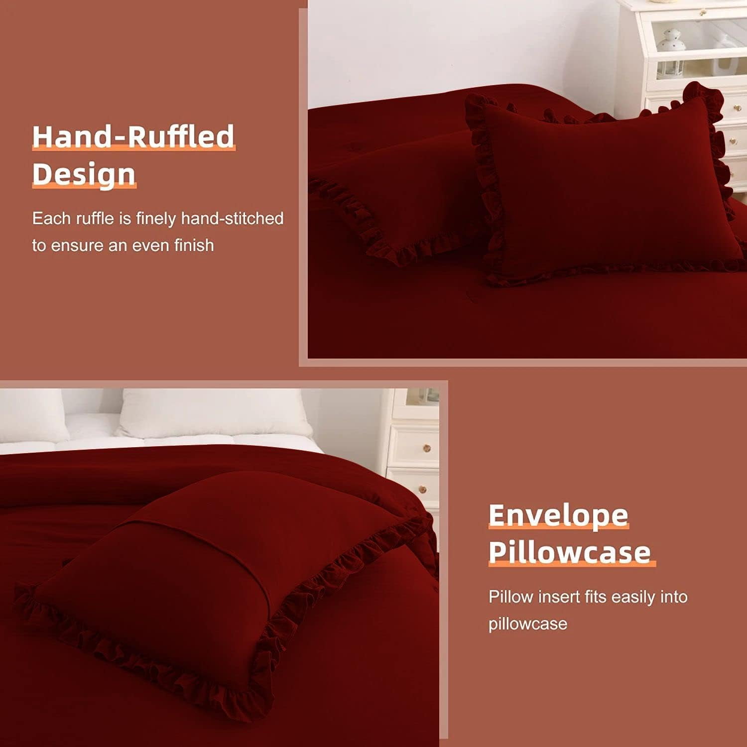 5 Piece Luxury 5 Inch Two Layer Ruffle Comforter 550 GSM All Season (Oversized Queen Size) Premium Super Soft - 800 TC, 100% Egyptian Cotton- Solid Burgundy Colour