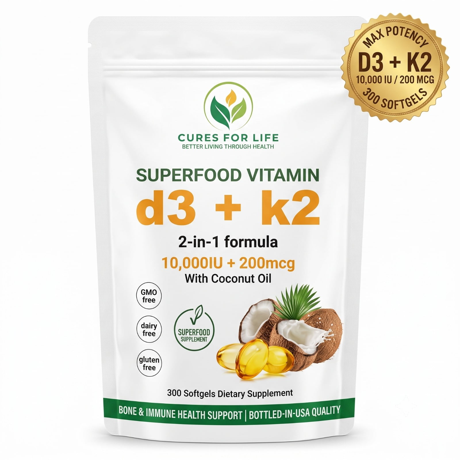 Cures For Life Vitamin D3 10000 IU with K2 MK-7 200 mcg, 300 Softgels – High Potency, Virgin Coconut Oil – Bone, Heart & Immune Support – Non-GMO, Easy to Swallow