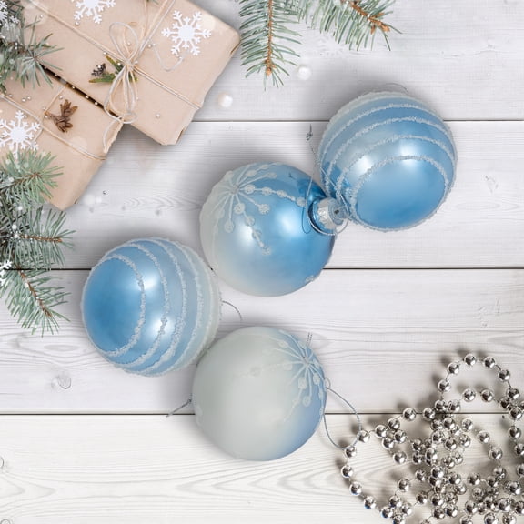 North Star Stripes and Snowflakes Shiny Glass Ball Christmas Ornaments - 3" (80mm) - Blue and White