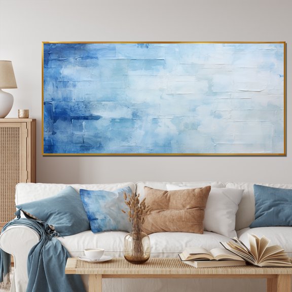 Designart "Scandinavian Tiles in White and Blue IV" Oversized Geometric Framed Wall Art - Bohemian Blue Boho Mosaic Bedroom Framed Canvas Wall Art