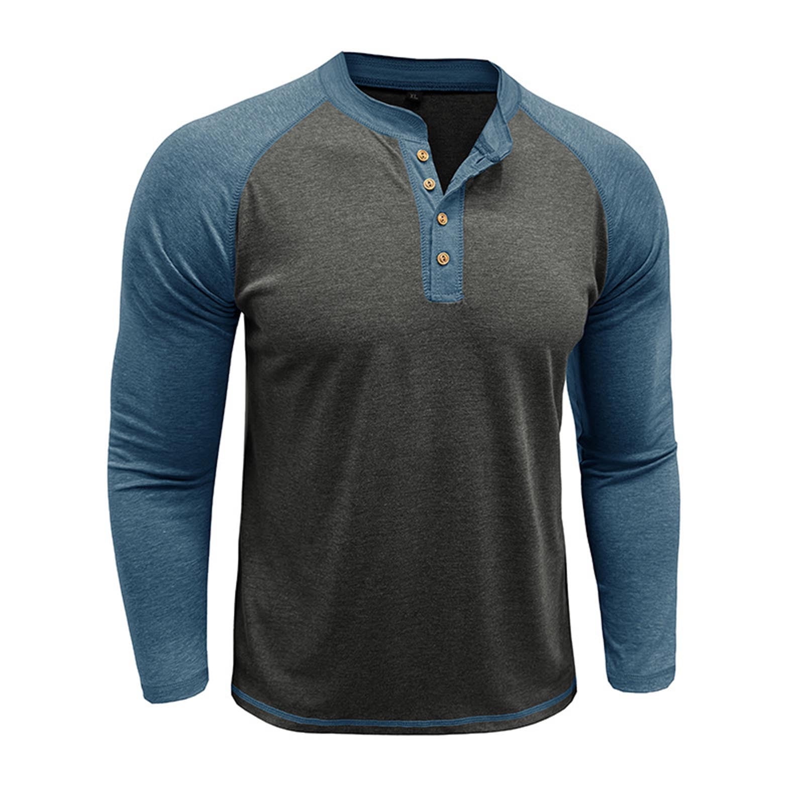 Feancey Cotton Henley Shirts for Men Raglan Long Sleeve Button Up Tshirt Color Block Fashion Baseball T-Shirts Slim Fit Casual Gym Muscle Tees Dark Gray 3XL