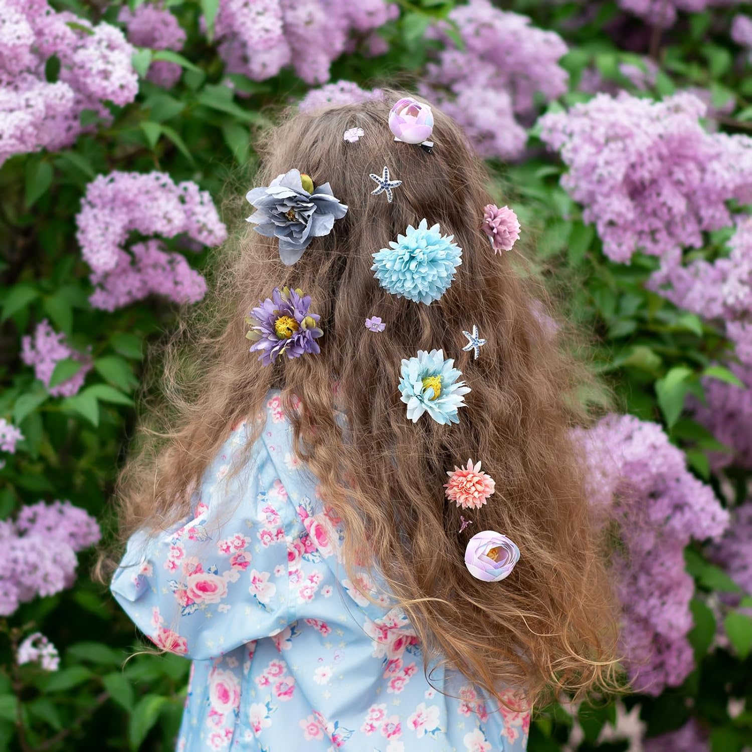 21pcs Blue Purple Silk Flower and Mini Starfish Small  Floral Hair Claw Clips Set for Women Girls Bridal Wedding Sweet Bangs Strong Hold Braid Hairstyles Decorate Accessories