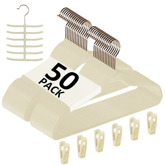 VECELO 50 Pack Velvet Clothes Hangers with 360 Rotating Hook, Slim Space Saving Suit Hangers, Beige