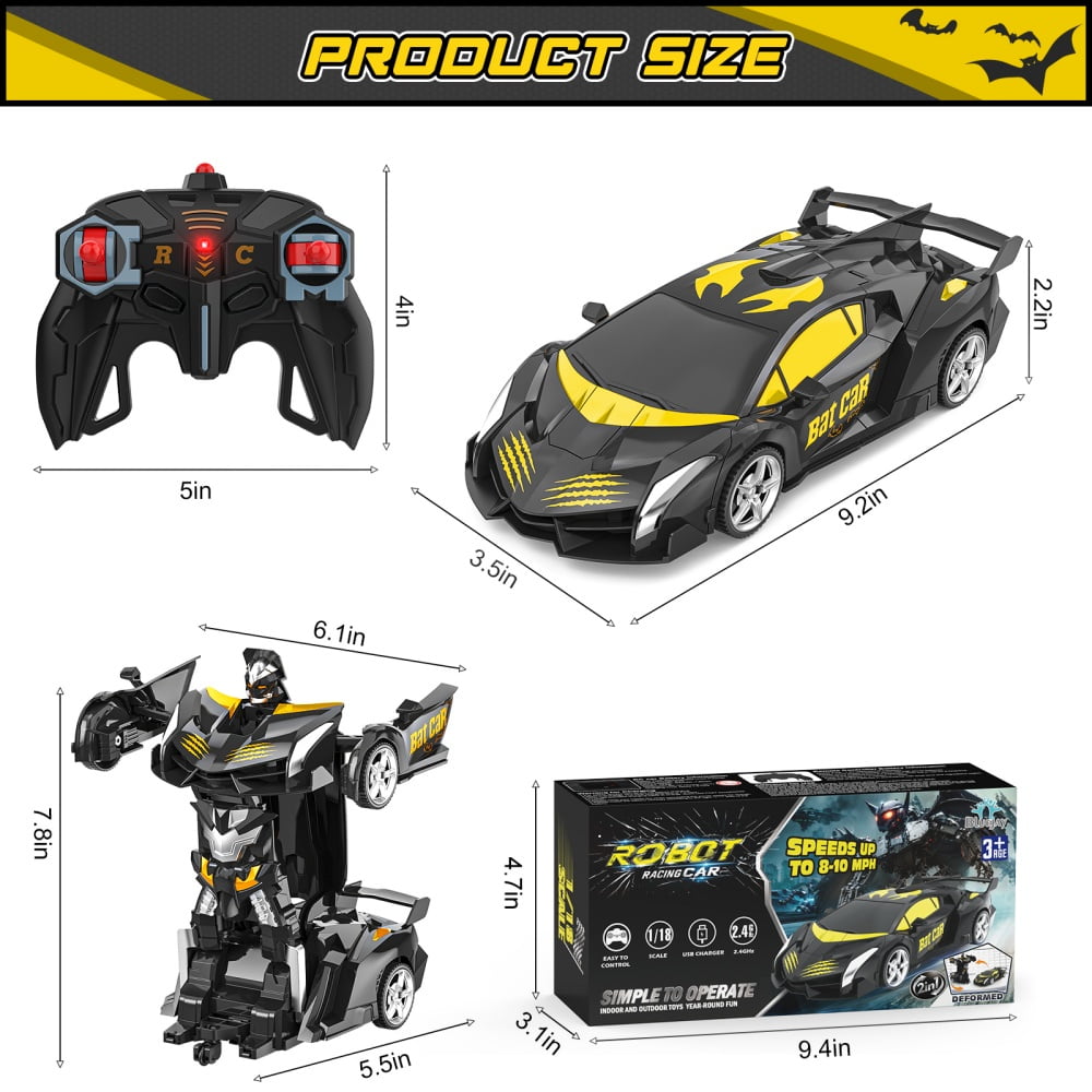 Wupuaait 2.4Ghz Transform Rc Cars 1:18 Scale Remote Control Car Transforming Robot, One-Button Deformation 360° Rotation Car Toy Gifts for Boys 3-12, Bat