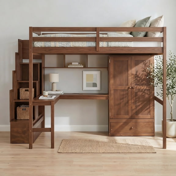 VECELO Full Size Loft Wood Bed with Desk, Bookcases and Wardrobe with Doors, Built-in Staircase with Storage Shelves, Loft Bed with Safety Guardrails and Solid Slats,Brown