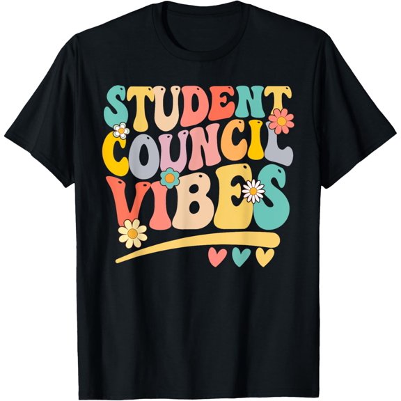 Groovy Student Council Vibes Retro School Student Council T-Shirt men and women can wear, black, white, gifts.