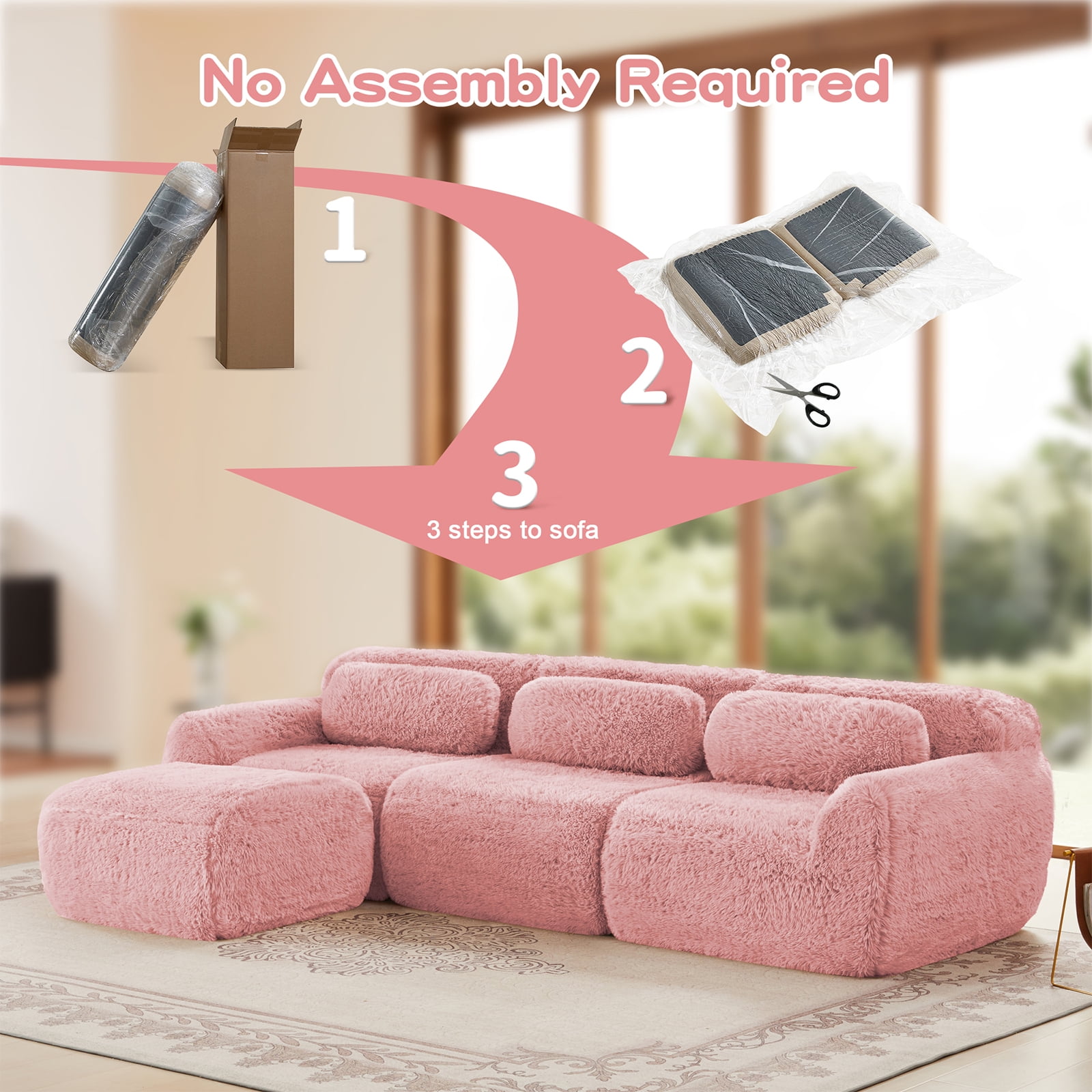ZenNook 115" Sectional Couches for Living Room, Comfy Boneless Couch, 3 Seater Cloud Sofa, Compressed L Shaped Couch with Ottoman, Modern Modular Sectional, Plush Floor Sofa, No Assembly (Pink)