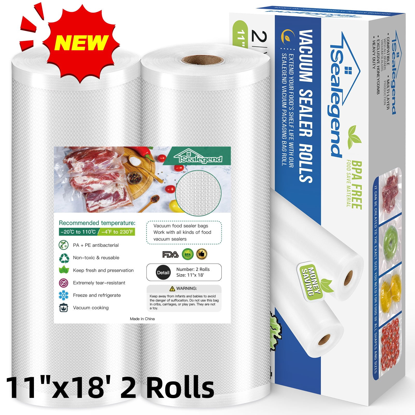 Sealegend Vacuum Sealer Bags For Food 11"x18' 2 Rolls Food Saver Bags