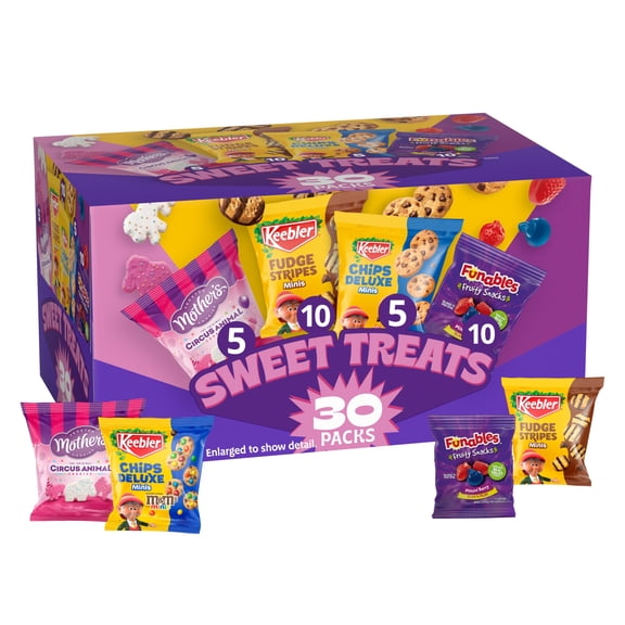 Keebler Sweet Treat Variety Pack, 30-Count Box, Includes Chips Deluxe, Funables, Fudge Stripes, and Mother's Circus Animal Cookies, 29 oz