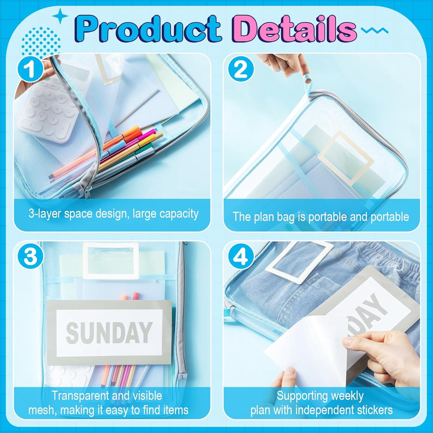 FEIYONG 7Pcs Weekly Packing Cubes Set, Clear Zippered Travel Storage Bags, Lightweight Portable Clothing Organizer Pouches for Summer Camp Travel