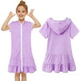 thumbnail image 2 of Girls Swim Cover Up Beach Swimsuit Coverup Hooded Terry Zip-Up Bathing Suit Short Sleeve Robe, 2 of 8