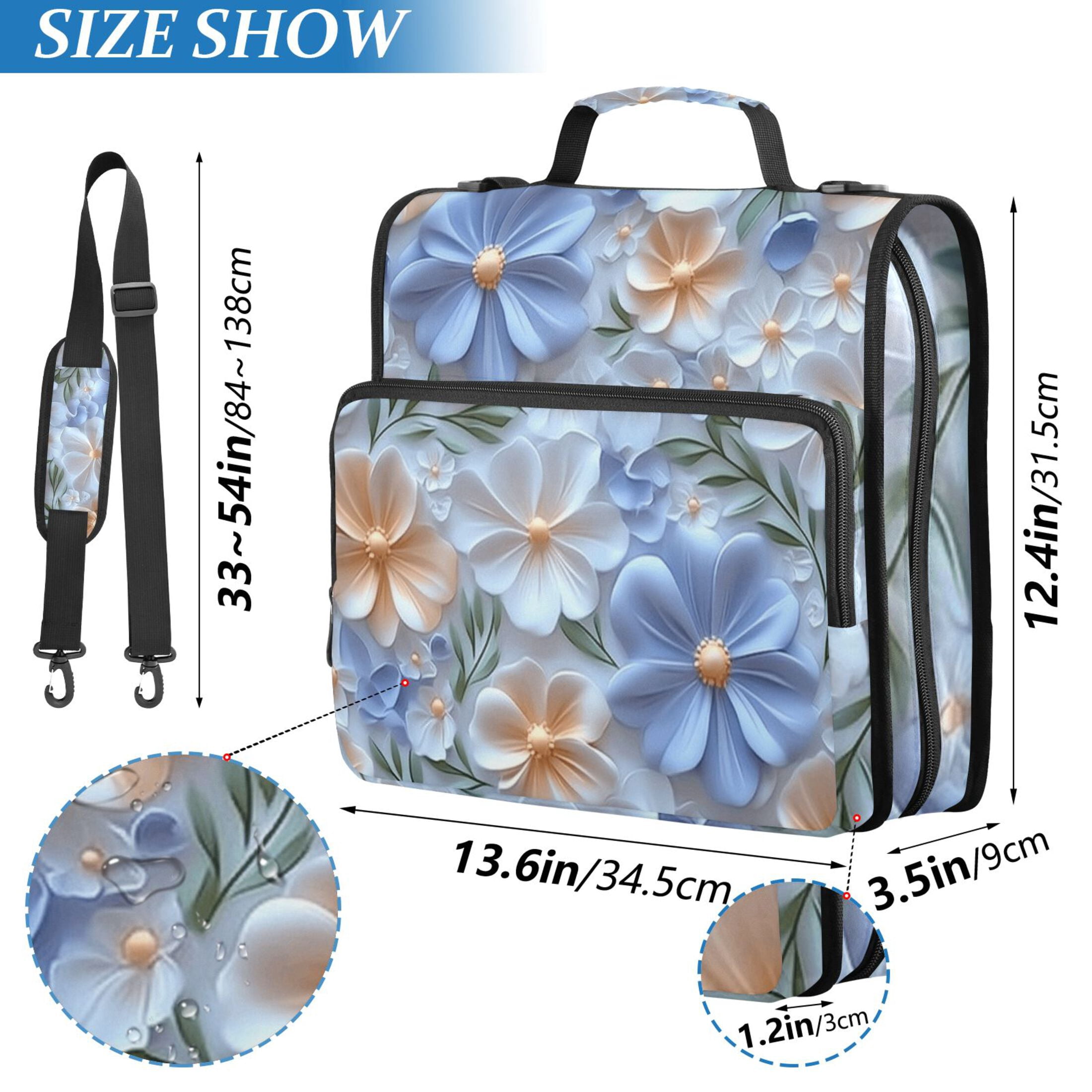 3 Ring Zipper Binder with Shoulder Strap Waterproof Trapper Keeper 2 Inch D-Ring 500 Sheets Capacity White Blue 3d Flower