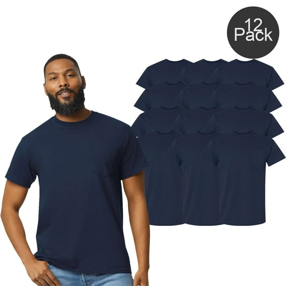 Gildan Ultra Cotton Pocket T-Shirt for Men’s, Short Sleeve Crew Neck Classic Navy Tee, 2XL, 12 Pack