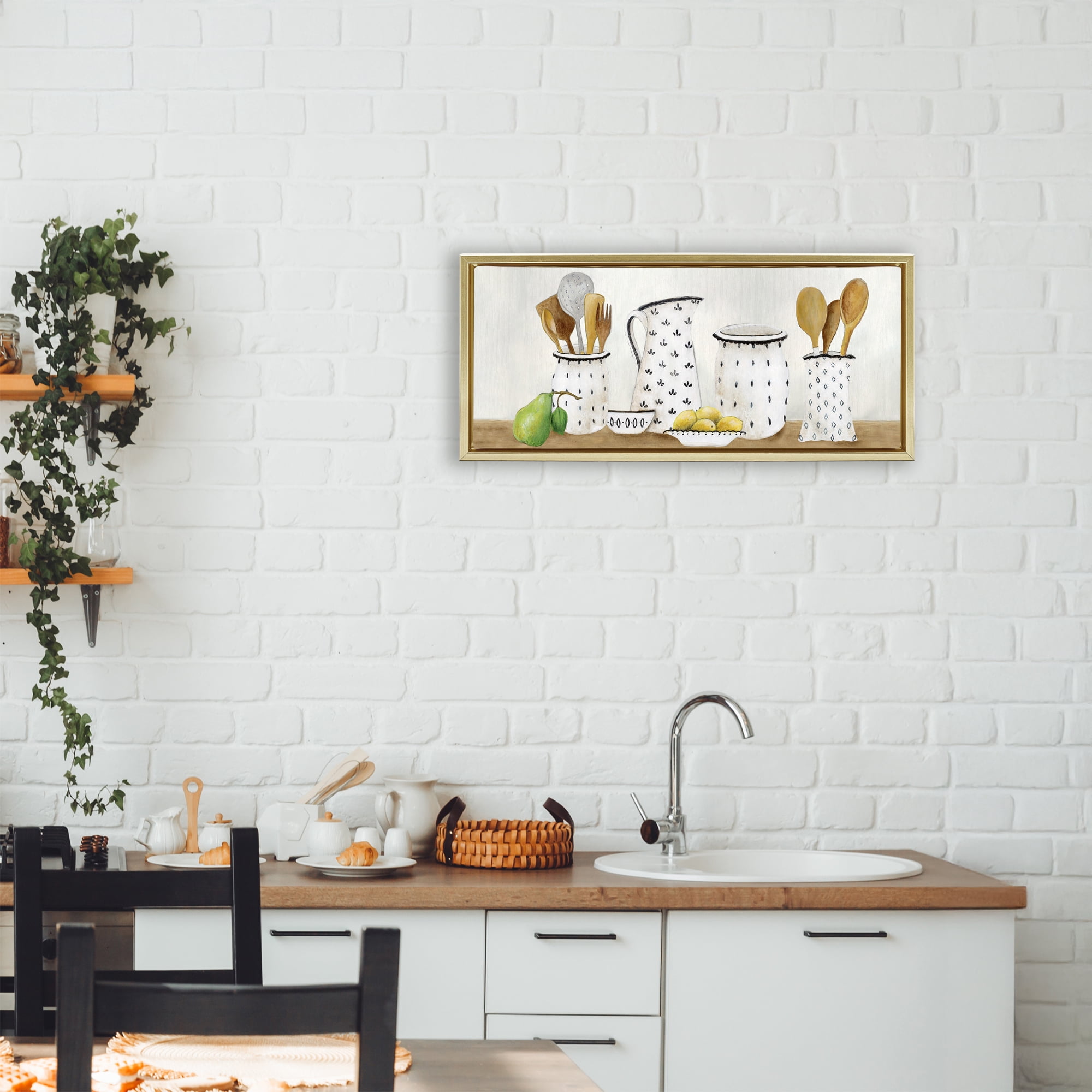 Stupell Industries Kitchen Jugs & Utensils Gold Framed Floater Canvas Wall Art, design by Janet Tava