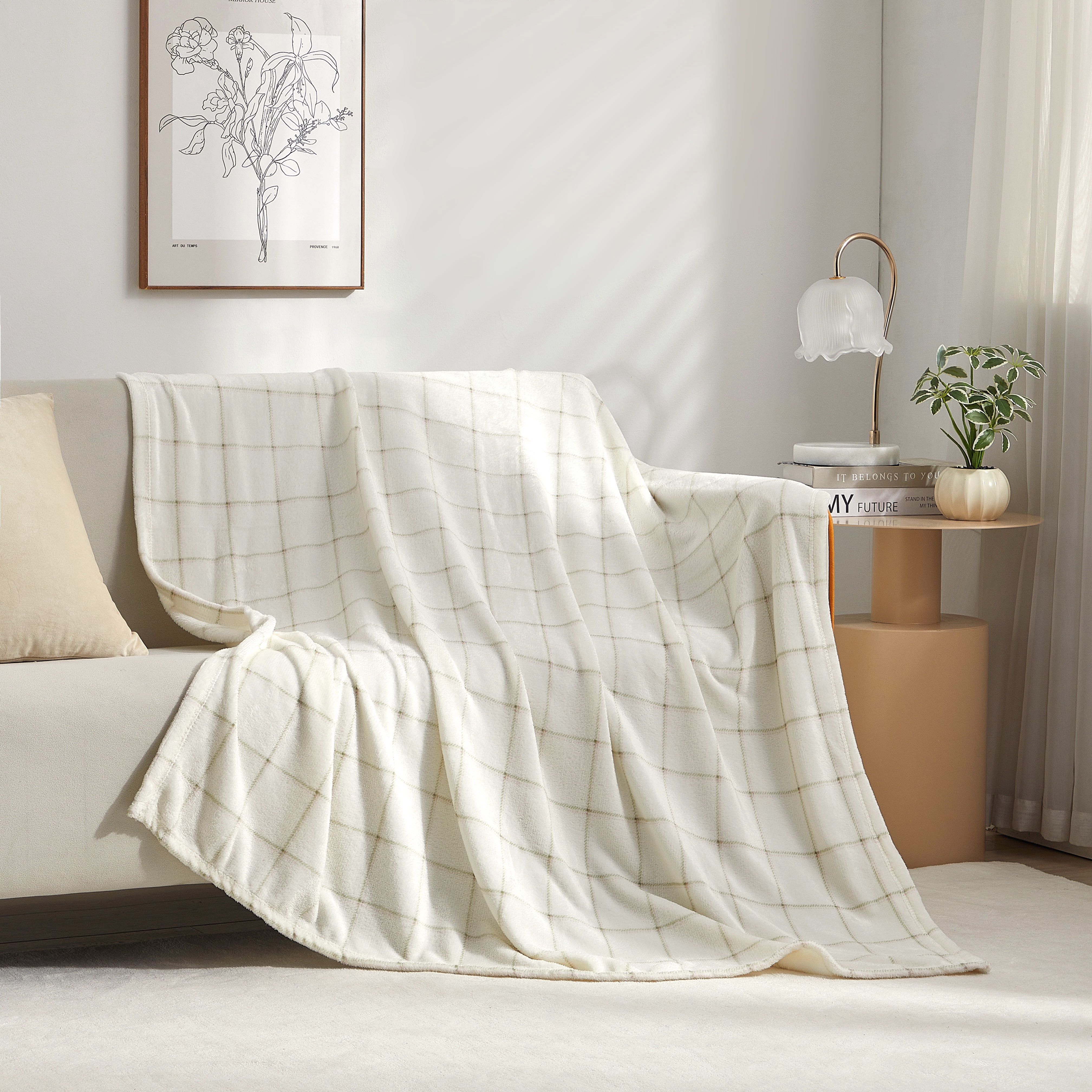 Mainstays Printed Plush Couch Throw Blanket, Vanilla Dream, 50 x 60 in