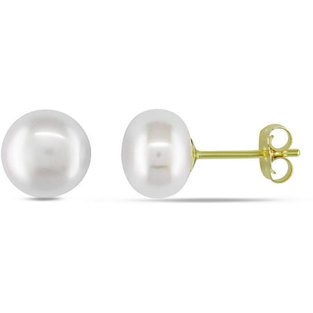 Miabella 7-7.5mm White Button Cultured Freshwater Pearl 14kt Yellow Gold Round Stud Earrings