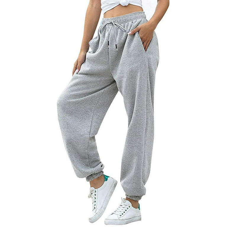 UHUYA Womens Baggy Sweatpants Fashion Casual Solid Elastic Waist Trousers  Long Straight Pants Gray S US:4 