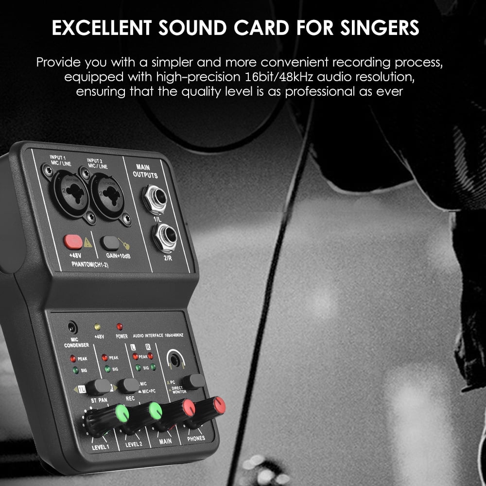 Professional Audio Interface Sound Card for Recording - 16bit/48kHz Mini USB, 2-In & 2-Out, with 48V Phantom Power and USB-B Cable, Ideal Studio Equipment for Music Recording